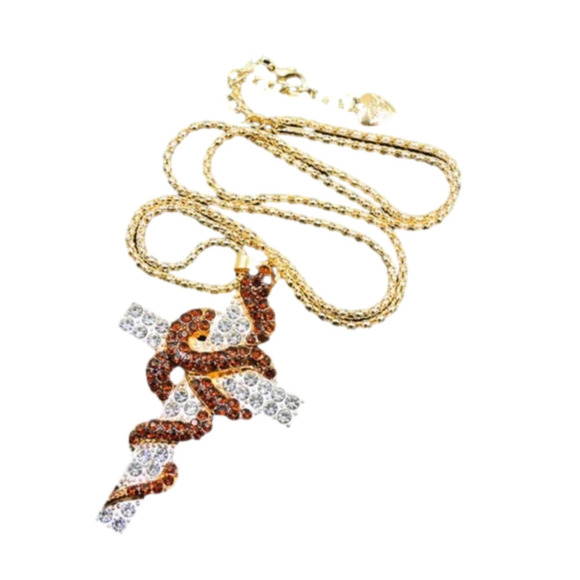 BETSEY JOHNSON SHINEY BROWN CRYSTAL SNAKE CROSS - Picture 1 of 6